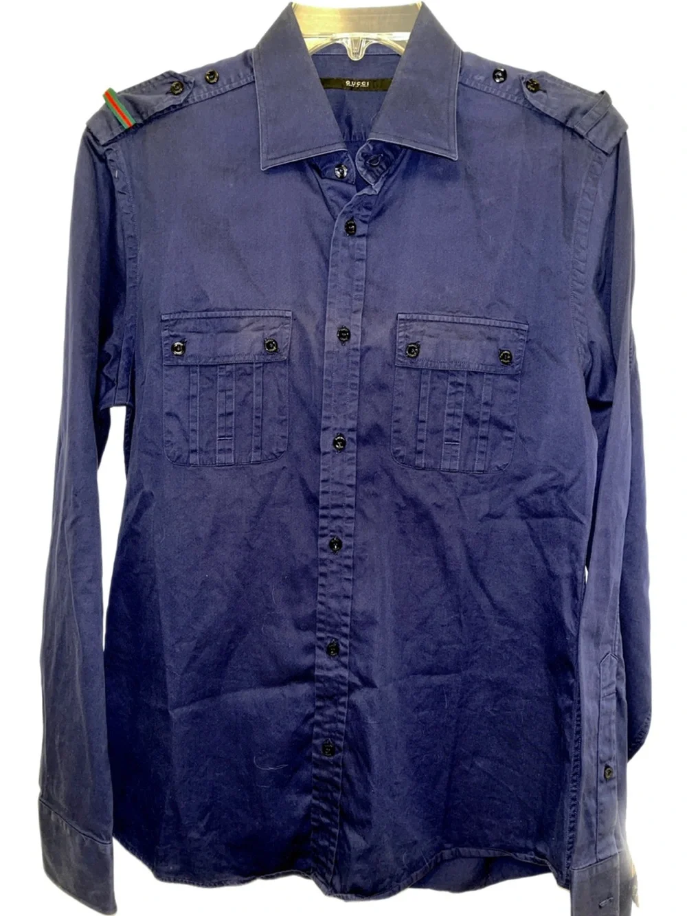 Gucci Navy Button-Up Shirt with Epaulets and Chest Pockets Unisex